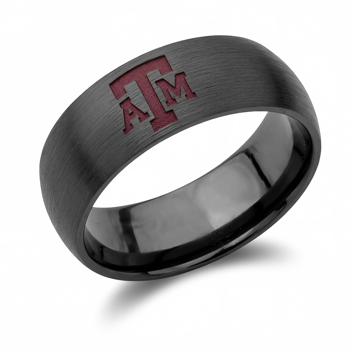 Texas A&M Ring in 8mm satin black zirconium with maroon ATM logo and domed profile