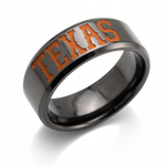 University of Texas 8mm polished black zirconium collegiate ring with beveled edges and burnt-orange TEXAS lettering