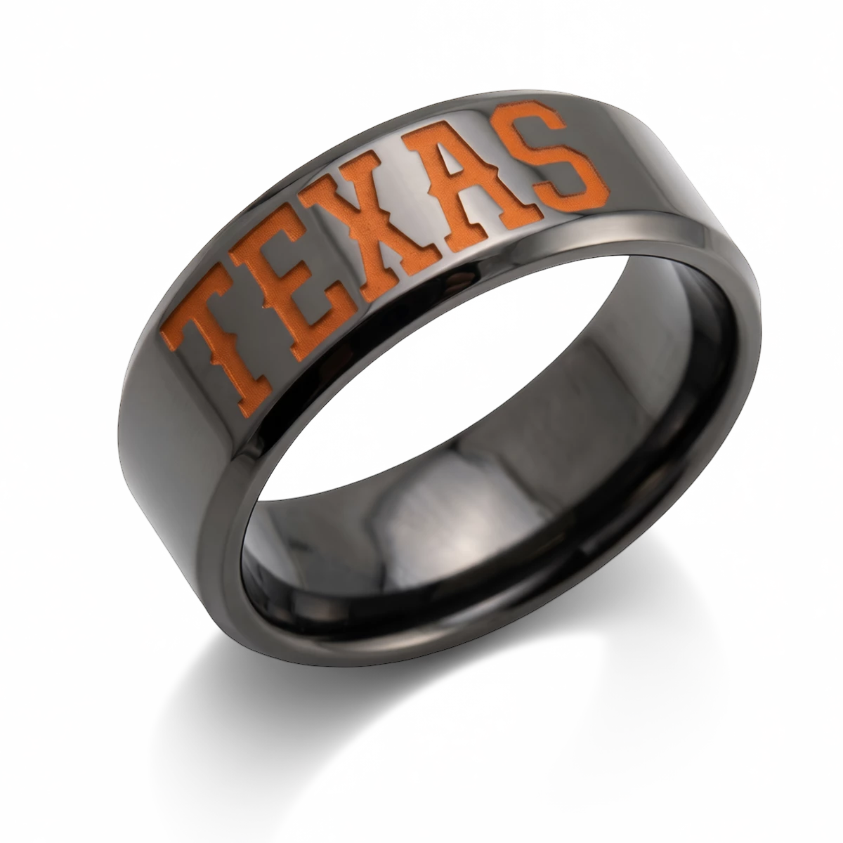University of Texas 8mm polished black zirconium collegiate ring with beveled edges and burnt-orange TEXAS lettering