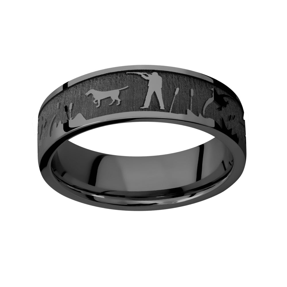 Laser Carved Duck Hunt Scenery Ring - 7mm Zirconium 
