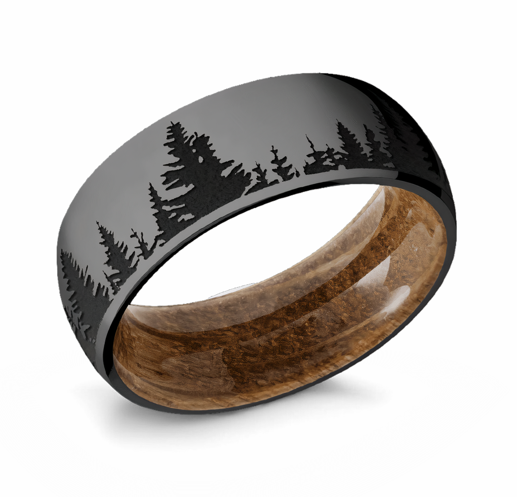 Black Forest Tree Line Ring wilth Whiskey Barrel Sleeve 