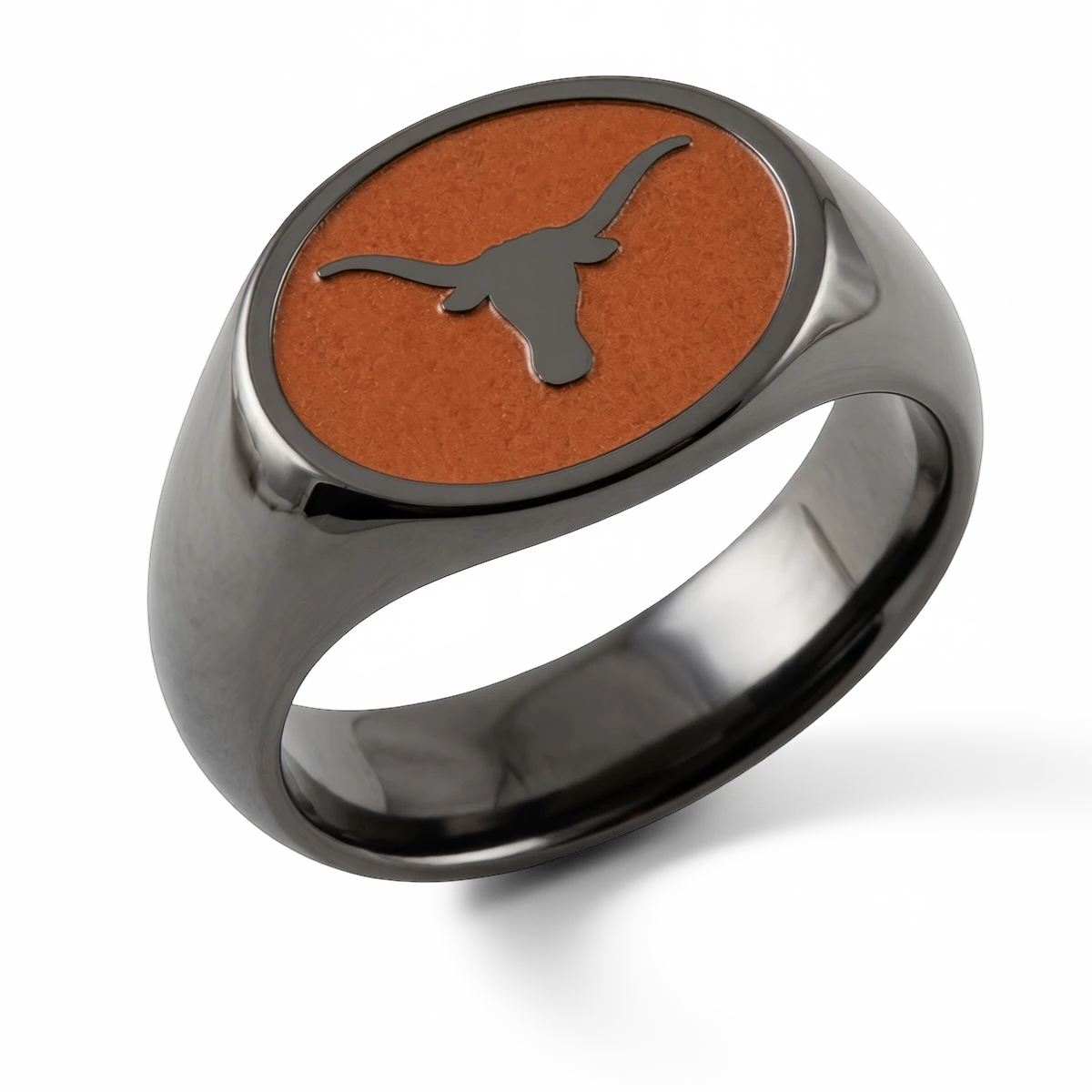 University of Texas signature oval signet ring with Longhorn emblem and wide polished zirconium shank