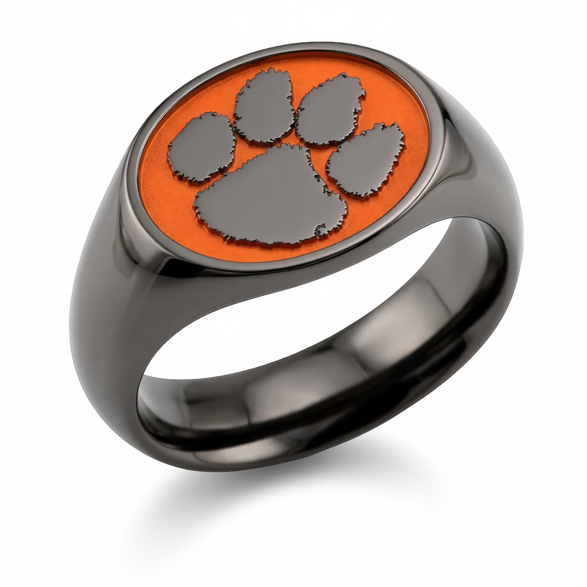 Clemson signature oval signet ring in polished black zirconium with Tiger Paw emblem and wide shank