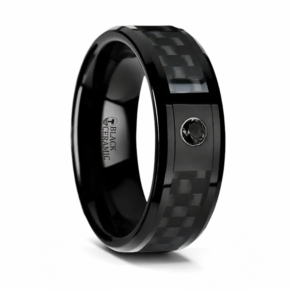 Carbon Fiber Inlay Ring with Black Inset Diamond 