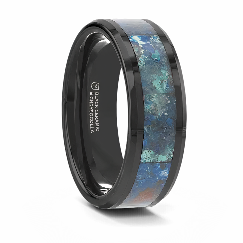 Black Ceramic Ring with Chrysocolla Inlay 