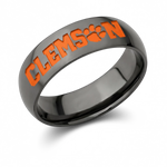 Clemson collegiate band ring in 7mm polished black zirconium with orange CLEMSON lettering and Tiger Paw emblem