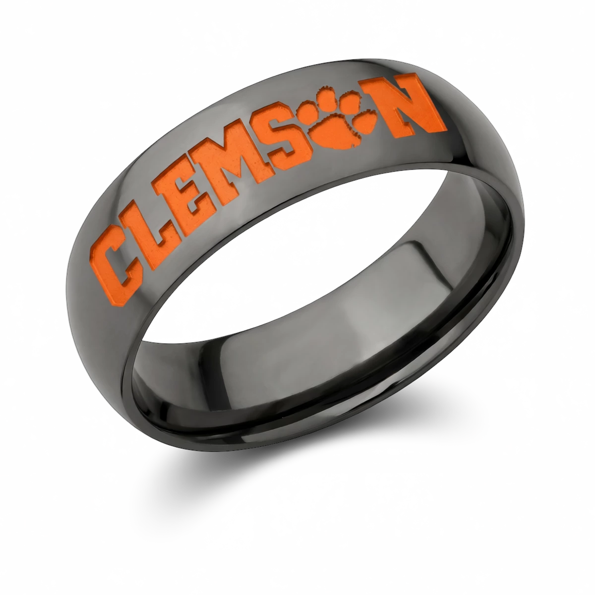 Clemson collegiate band ring in 7mm polished black zirconium with orange CLEMSON lettering and Tiger Paw emblem