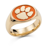 Clemson signature oval signet ring in polished 14K yellow gold with orange Tiger Paw emblem and wide shank