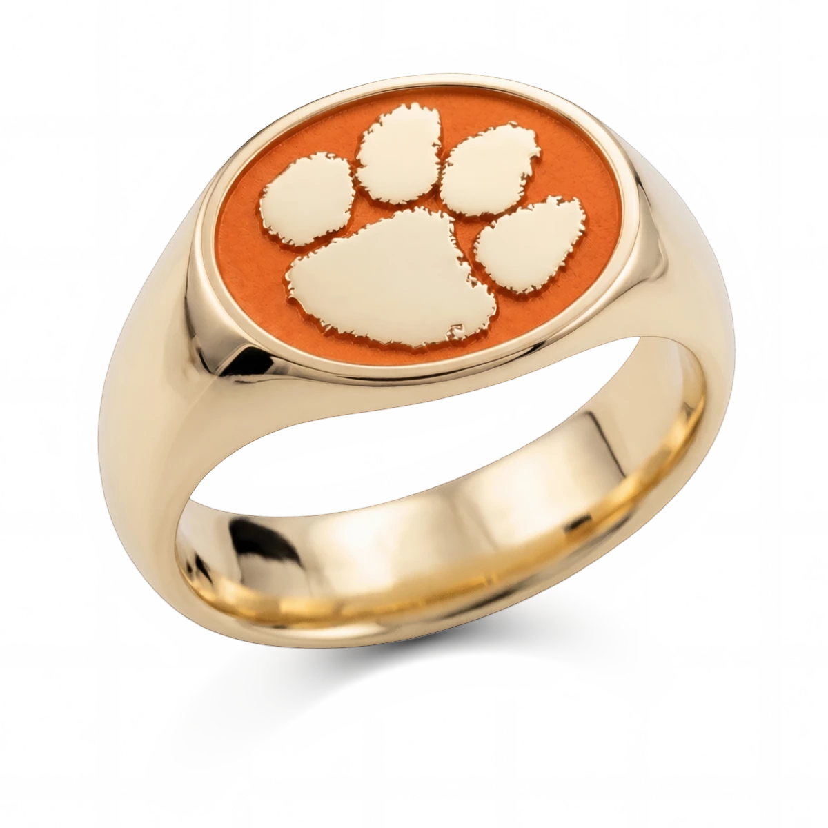 Clemson signature oval signet ring in polished 14K yellow gold with orange Tiger Paw emblem and wide shank