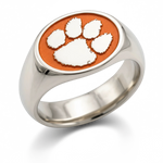 Clemson signature oval signet ring in polished 14K white gold with orange Tiger Paw emblem and wide shank