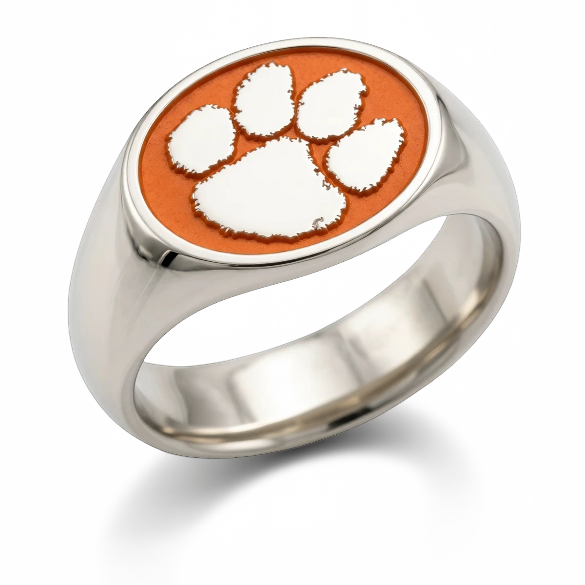 Clemson signature oval signet ring in polished 14K white gold with orange Tiger Paw emblem and wide shank
