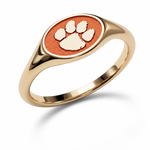 Clemson small oval signet ring in polished 14K yellow gold with orange Tiger Paw emblem