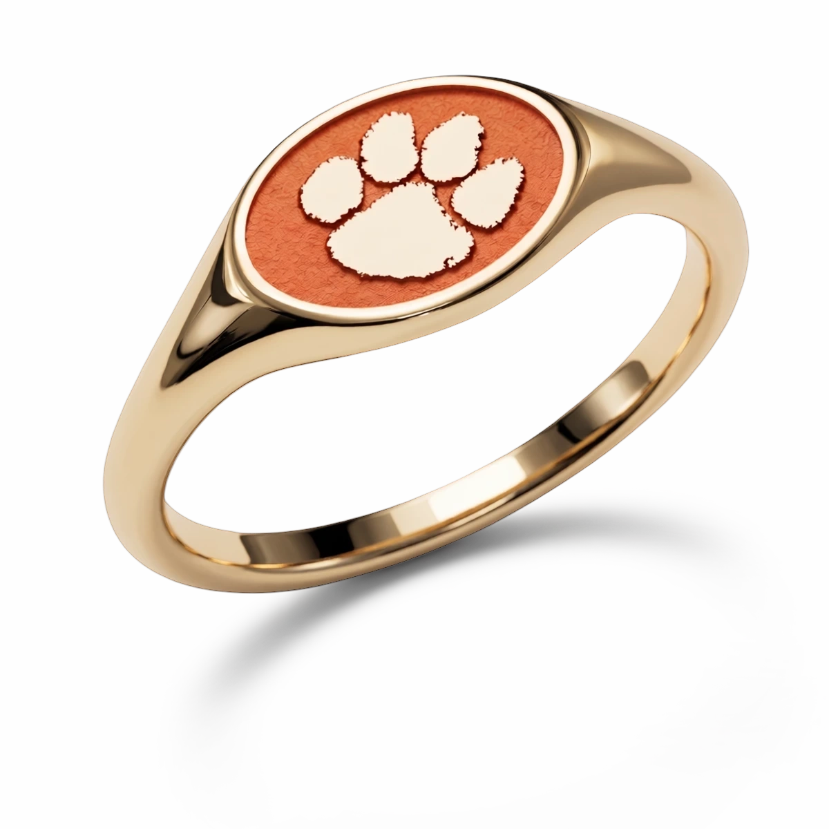 Clemson small oval signet ring in polished 14K yellow gold with orange Tiger Paw emblem