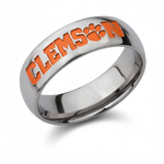 Clemson collegiate band ring in 7mm polished titanium with orange CLEMSON lettering and Tiger Paw emblem