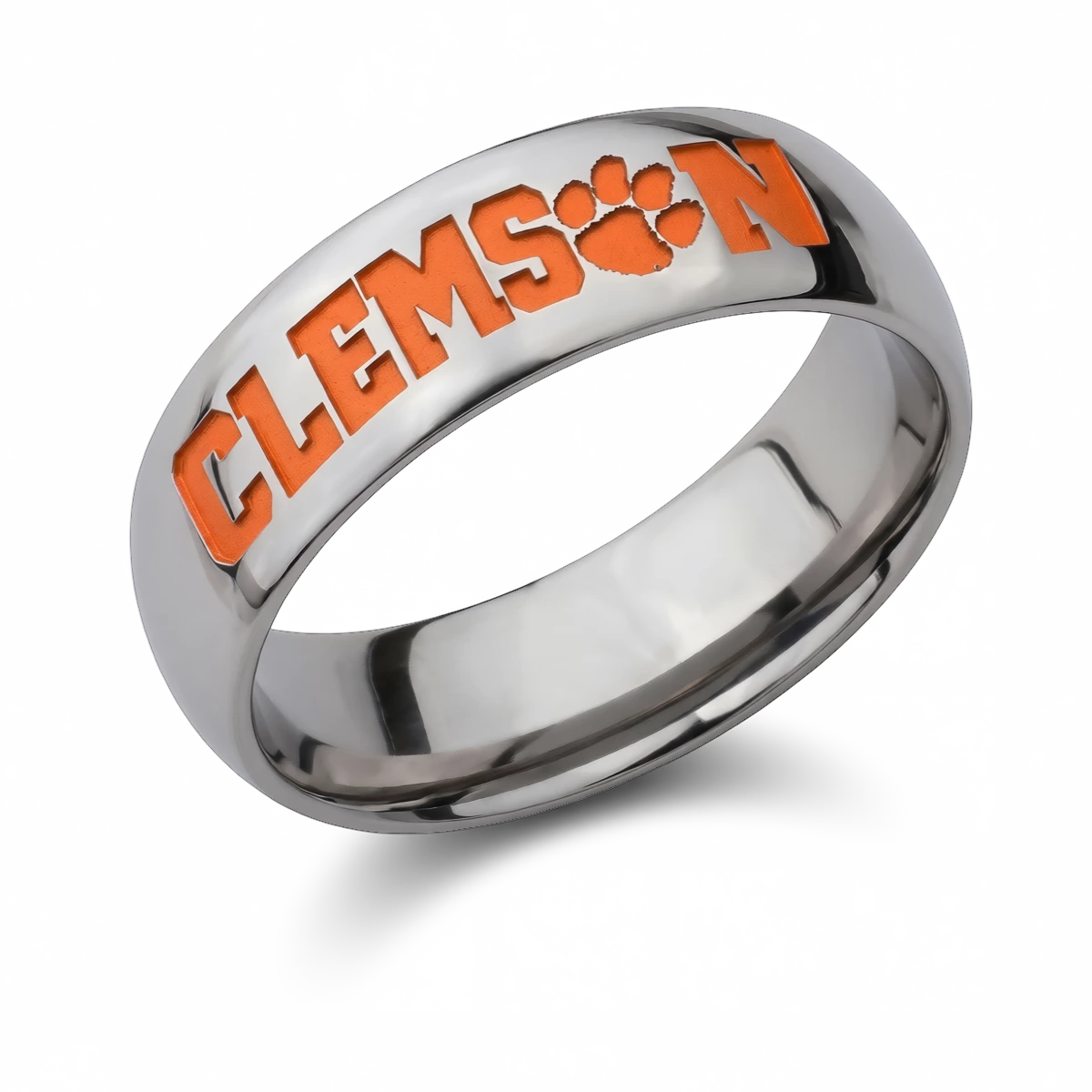 Clemson collegiate band ring in 7mm polished titanium with orange CLEMSON lettering and Tiger Paw emblem