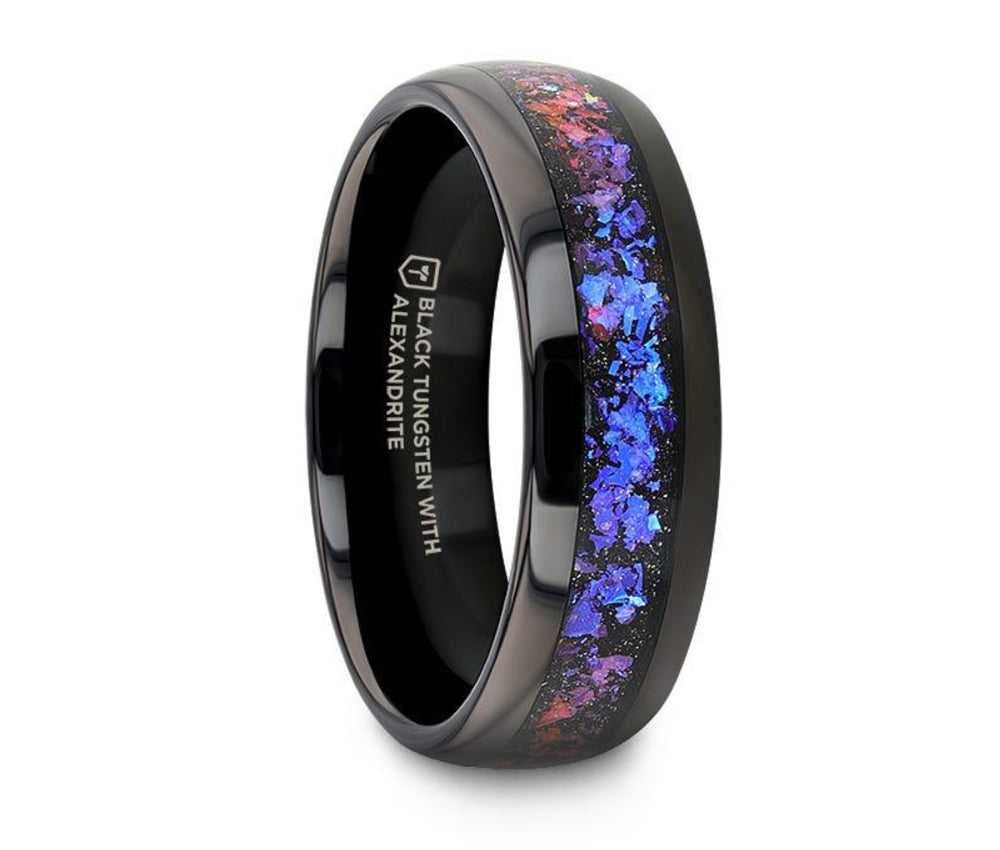 Black Tungsten Ring with Crushed Alexandrite and Dark Blue & Purple Crushed Goldstone - Camo Ever After