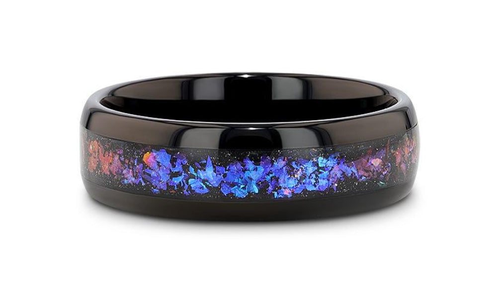 Black Tungsten Ring with Crushed Alexandrite and Dark Blue & Purple Crushed Goldstone - Camo Ever After