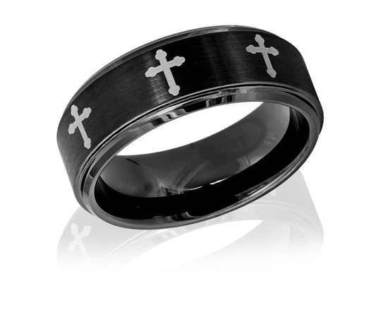 Black Tungsten Christian Ring with Crosses - Camo Ever After