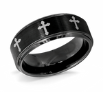 Black Tungsten Christian Ring with Crosses 