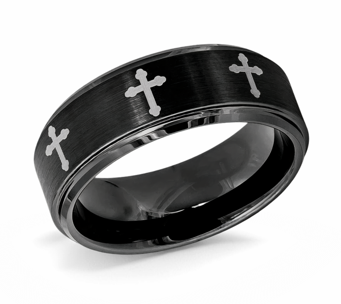 Black Tungsten Christian Ring with Crosses 