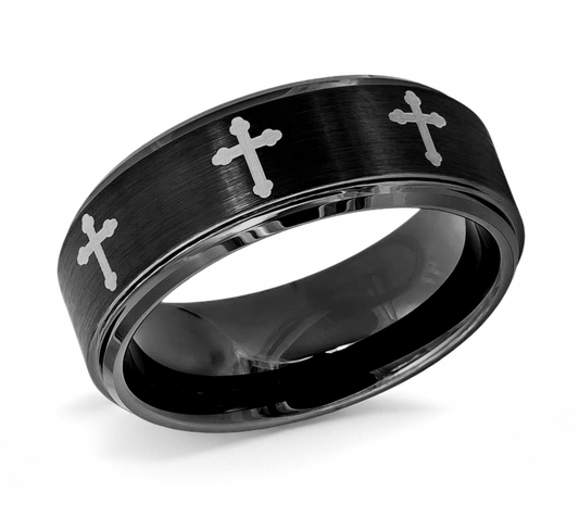 Black Tungsten Christian Ring with Crosses 