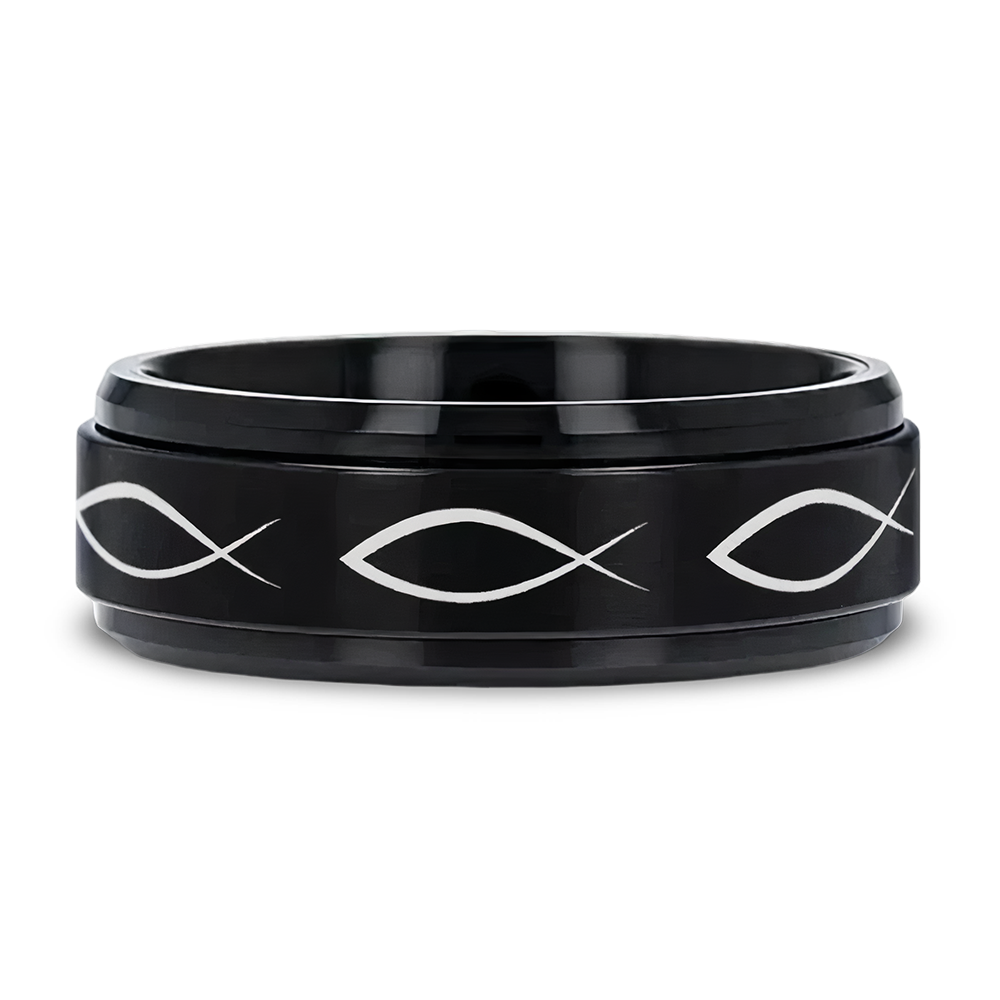 Spinning Center Jesus Fish Tungsten Ring 