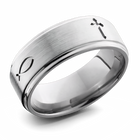 Christian Wedding Band Titanium - Cross & Fish 
