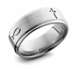 Christian Wedding Band Titanium - Cross & Fish 