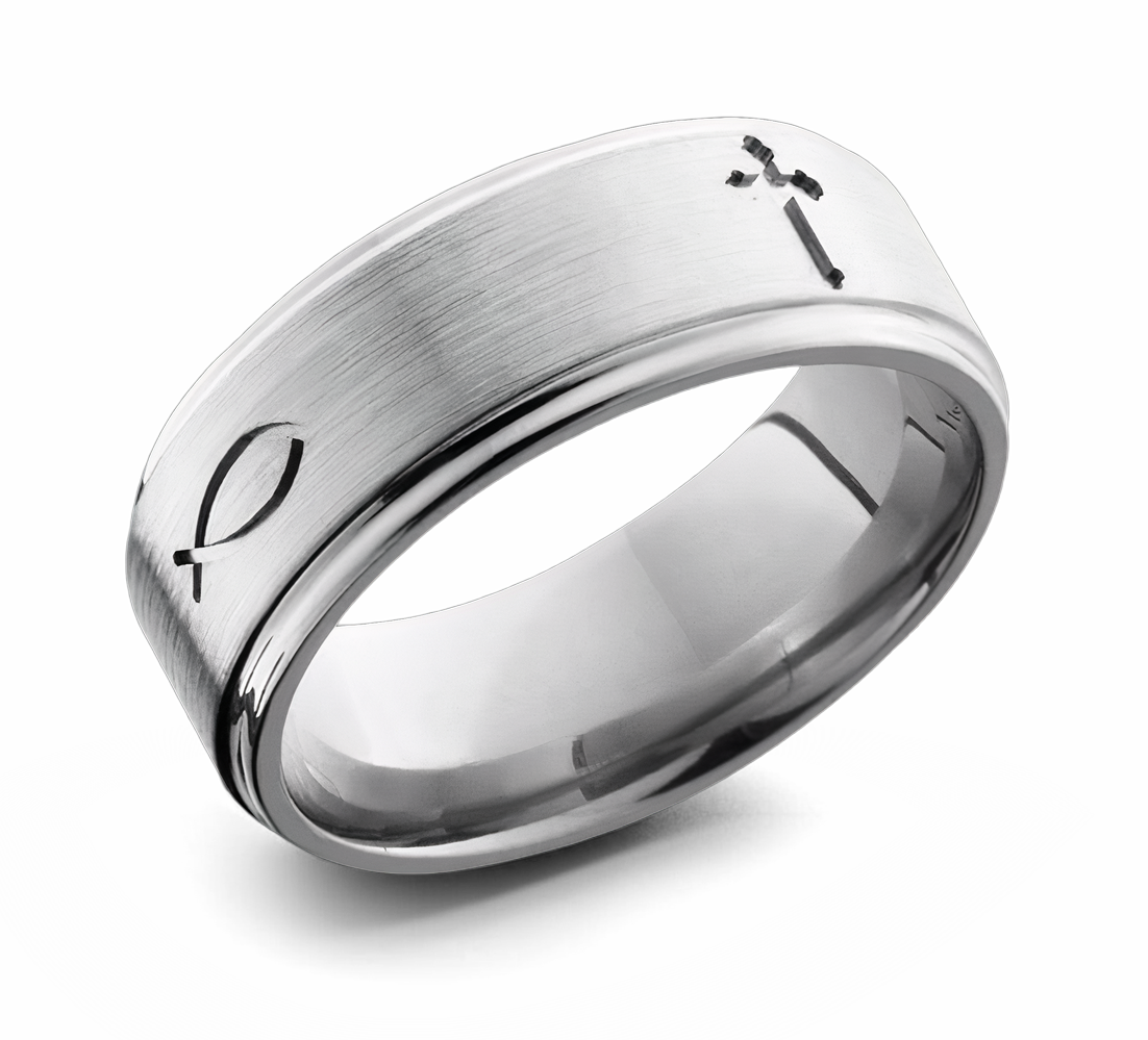 Christian Wedding Band Titanium - Cross & Fish 
