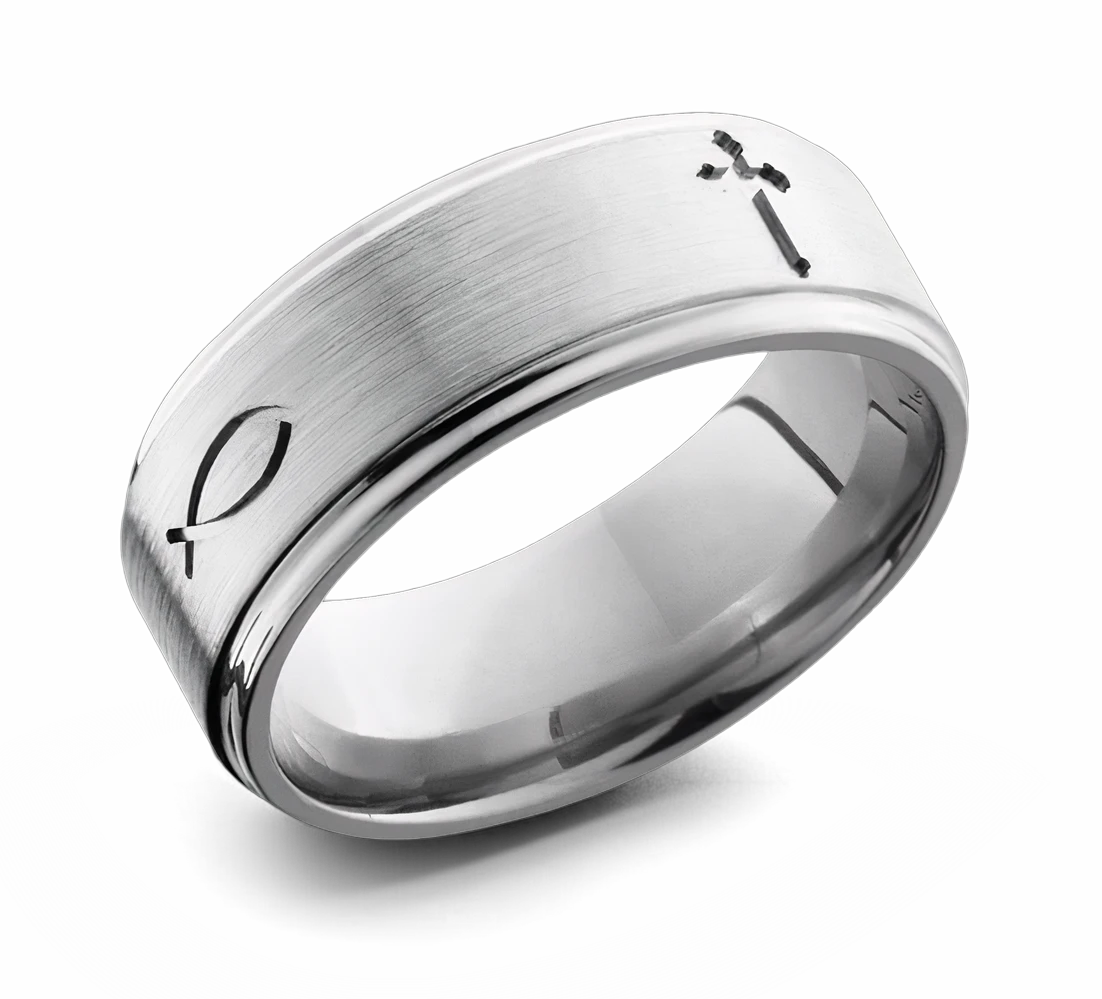 Christian Wedding Band Titanium - Cross & Fish 