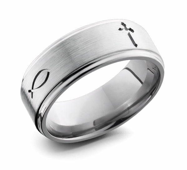Christian Wedding Band Titanium - Cross & Fish 