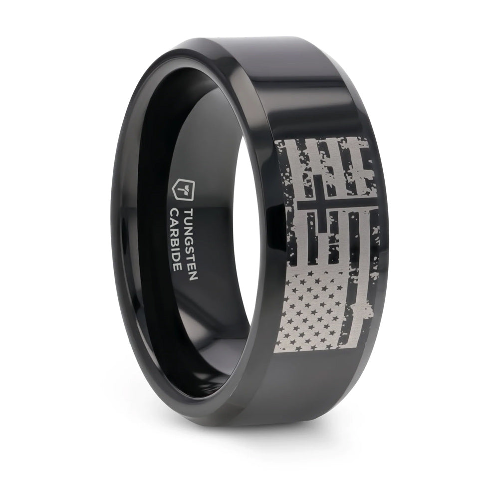 American Flag and Cross Tungsten Ring - Camo Ever After