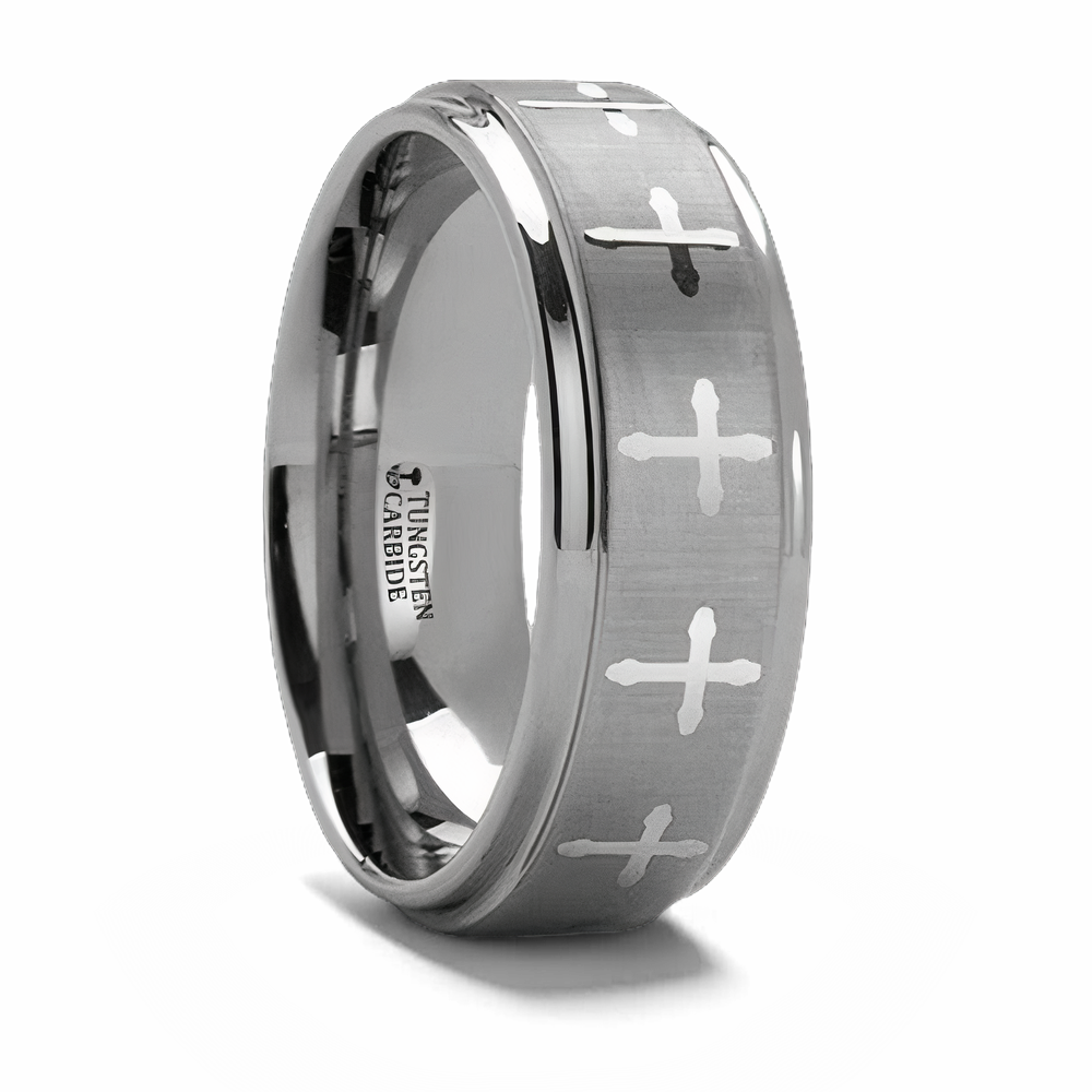 Tungsten Christian Ring with Crosses - 8mm 