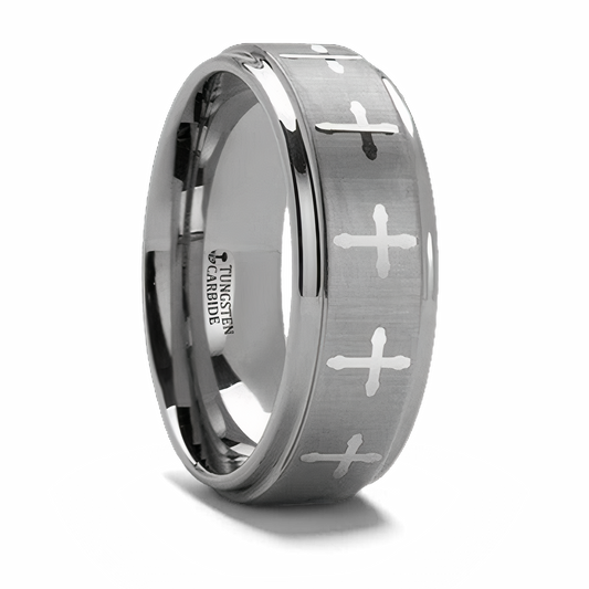 Tungsten Christian Ring with Crosses - 8mm 
