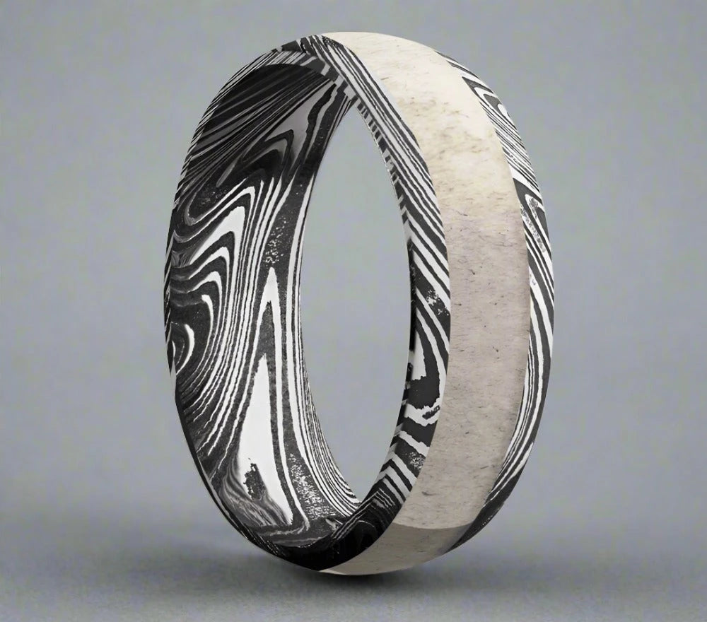 Acid Etched Damascus Antler Ring - Camo Ever After