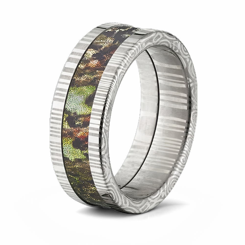 Damascus Steel Ring with Mossy Oak Inlay - 8mm Flat 