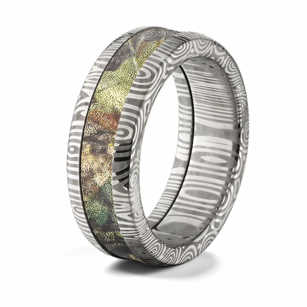 Damascus Steel Ring with Mossy Oak Inlay - 8mm Domed 