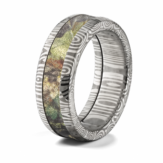 Damascus Steel Ring with Mossy Oak Inlay - 8mm Domed 