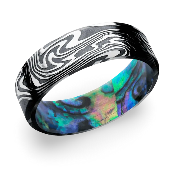 Beveled Damascus Wedding Band with Abalone Shell Sleeve 