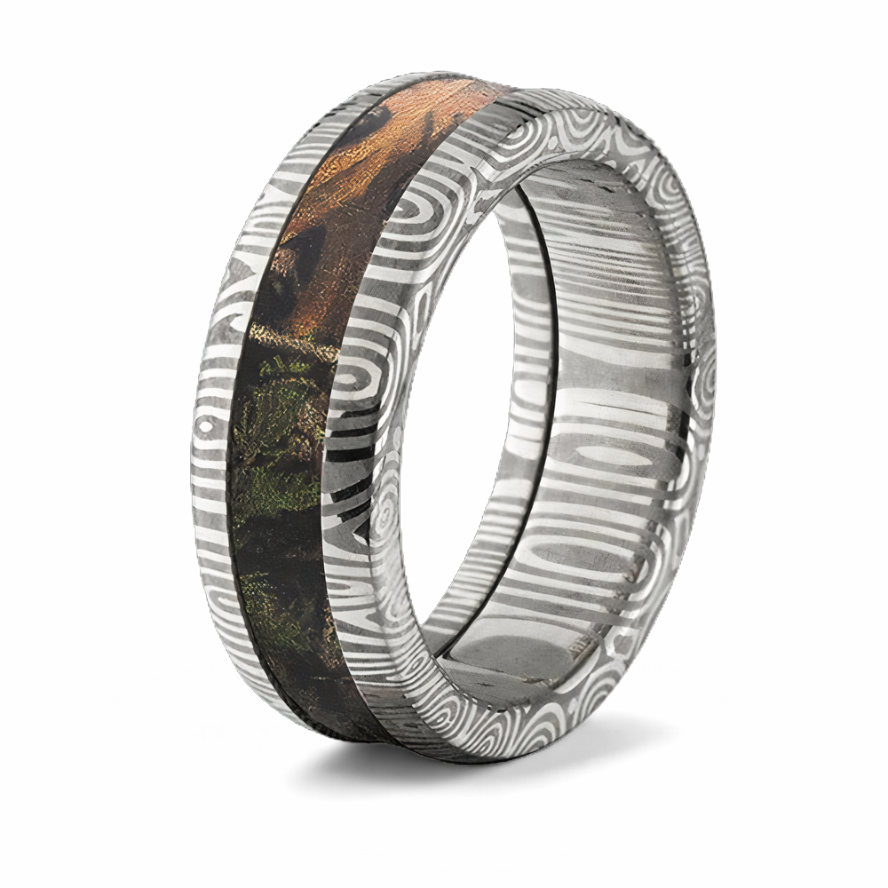 Damascus Steel Ring with Realtree Inlay - 8mm Domed 