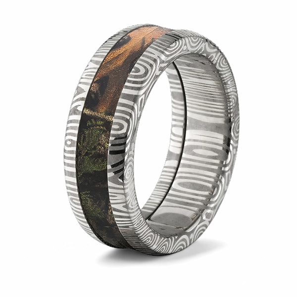 Damascus Steel Ring with Realtree Inlay - 8mm Domed 