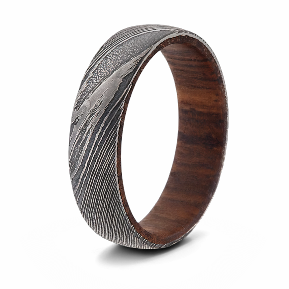 Damascus Steel Ring with Rosewood Sleeve 6mm 