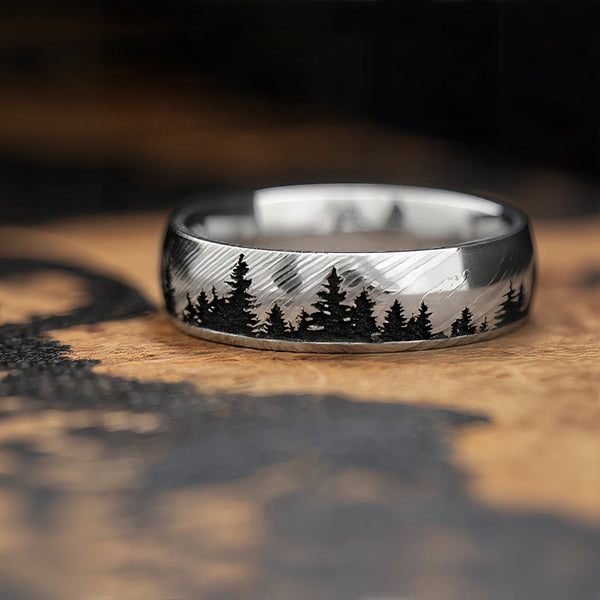 Damascus Steel Tree Line Wedding Band 