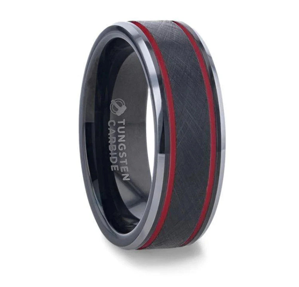 Black Tungsten Men's Ring with Double Red Stripe - Camo Ever After