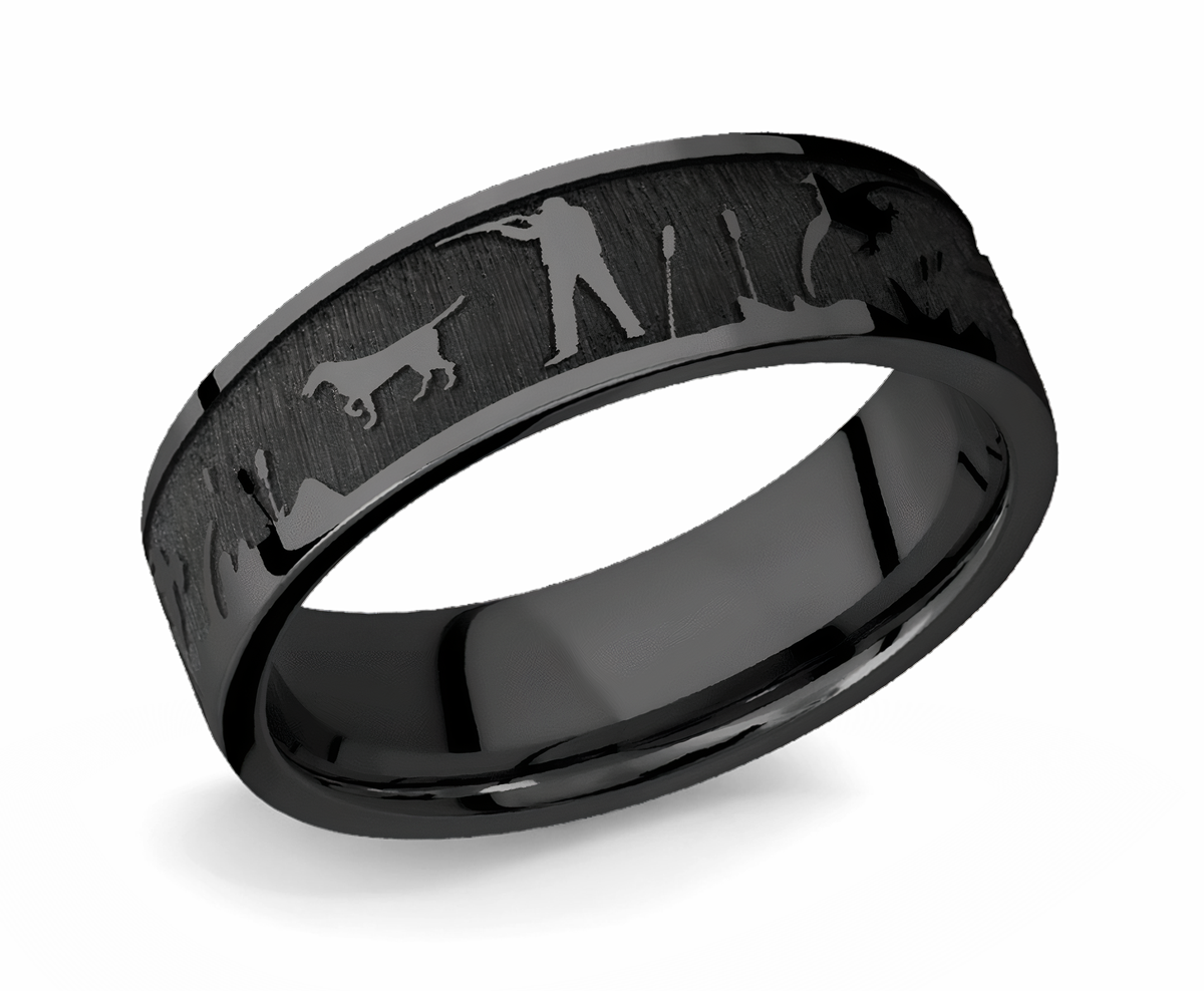 Laser Carved Duck Hunt Scenery Ring - 7mm Zirconium - Camo Ever After