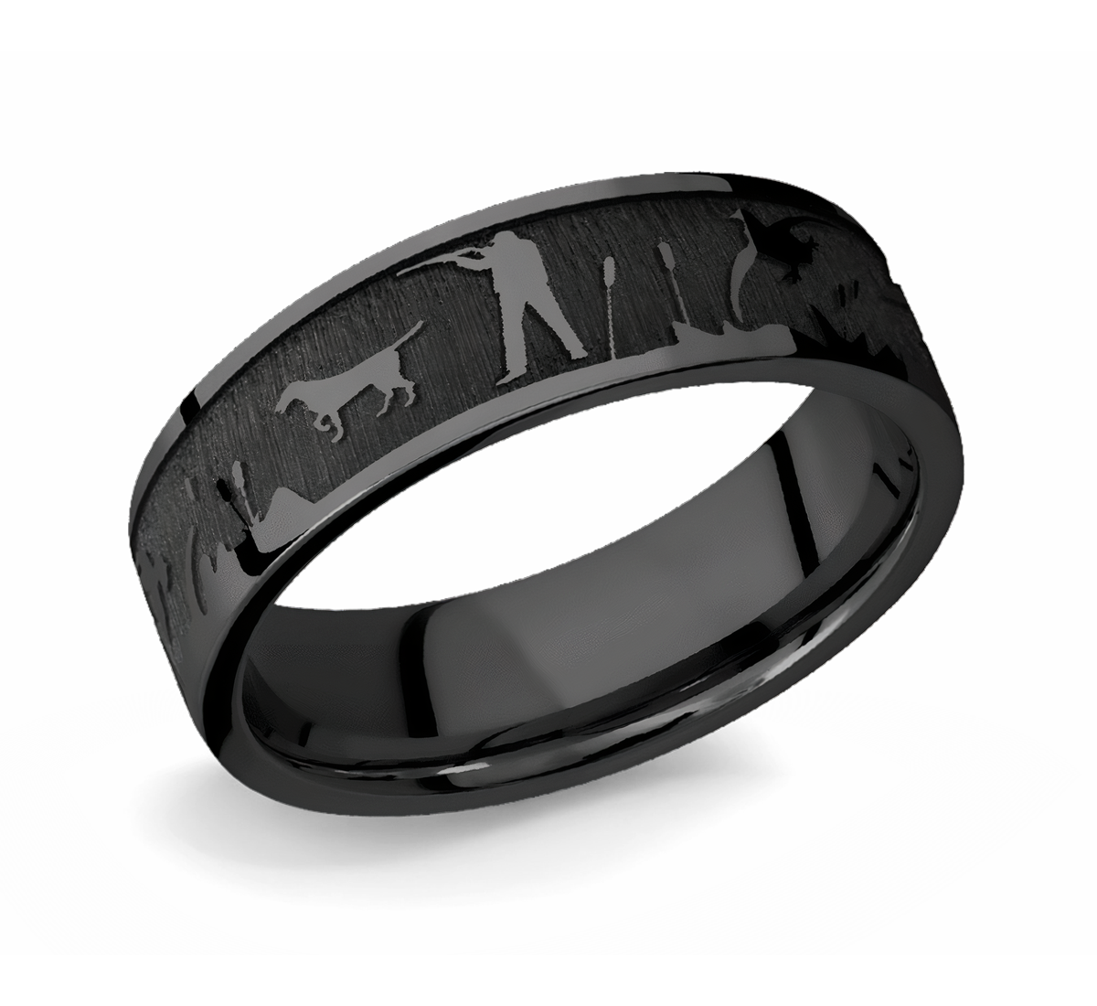 Laser Carved Duck Hunt Scenery Ring - 7mm Zirconium 