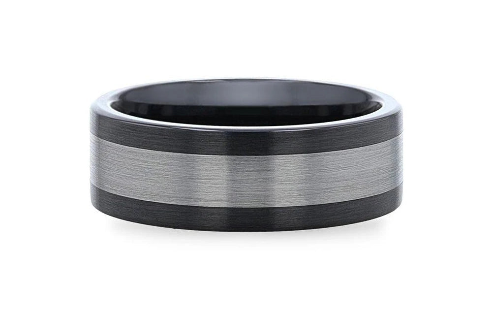 Black Ceramic Ring with Brushed Tungsten Inlay - Camo Ever After