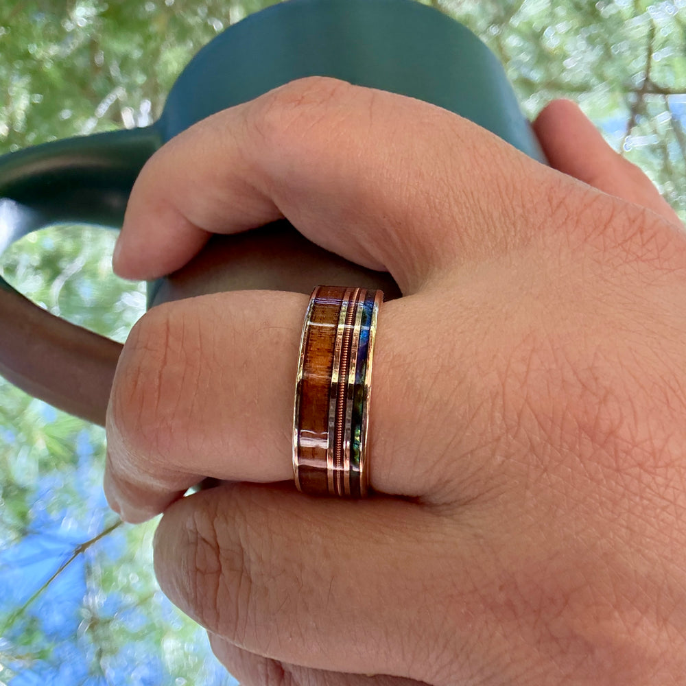 Koa Wood Abalone & Guitar String Ring - Smoked Rose Gold Tungsten 