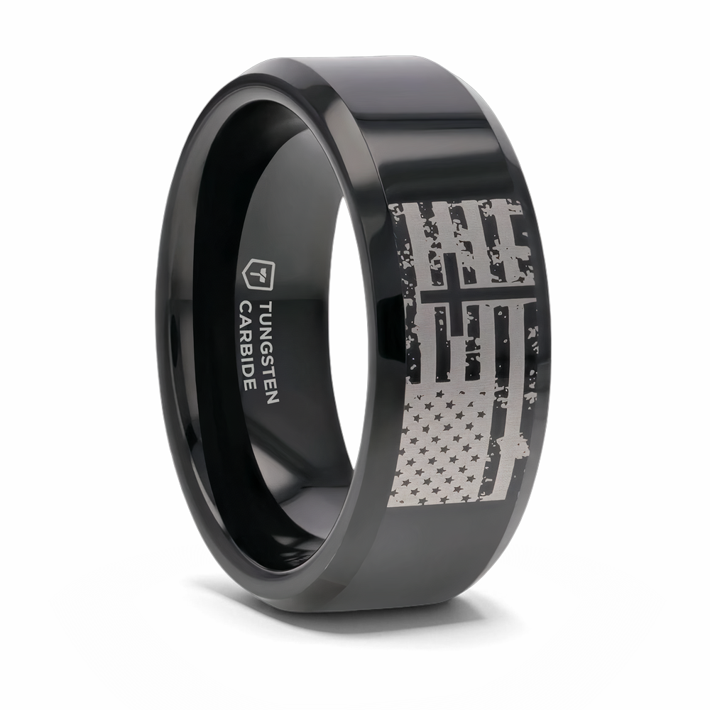 American Flag and Cross Tungsten Ring 
