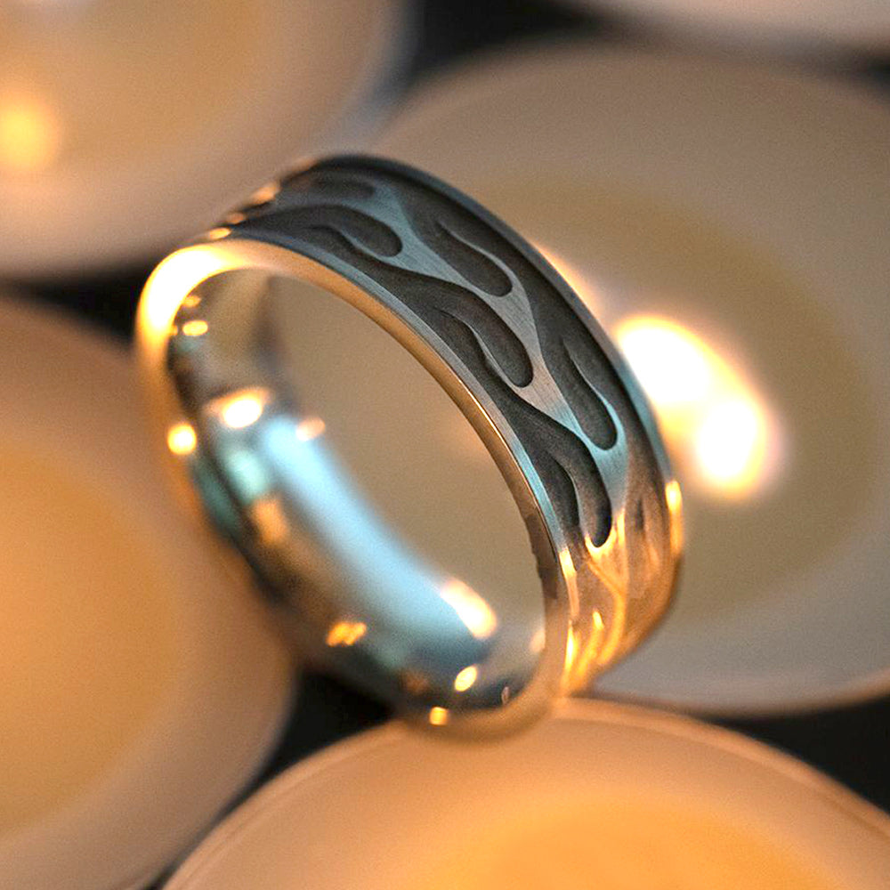Flames Pattern Ring Titanium 7mm | Camo Ever After